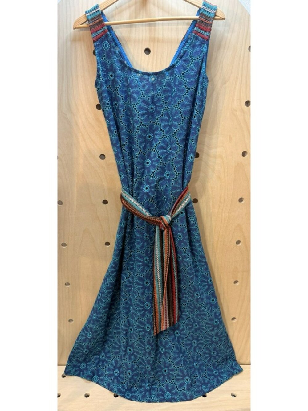 Save The Queen Italy Teal & Blue Eyelet Cotton Midi Dress Belted Boho Size M - Picture 2 of 16